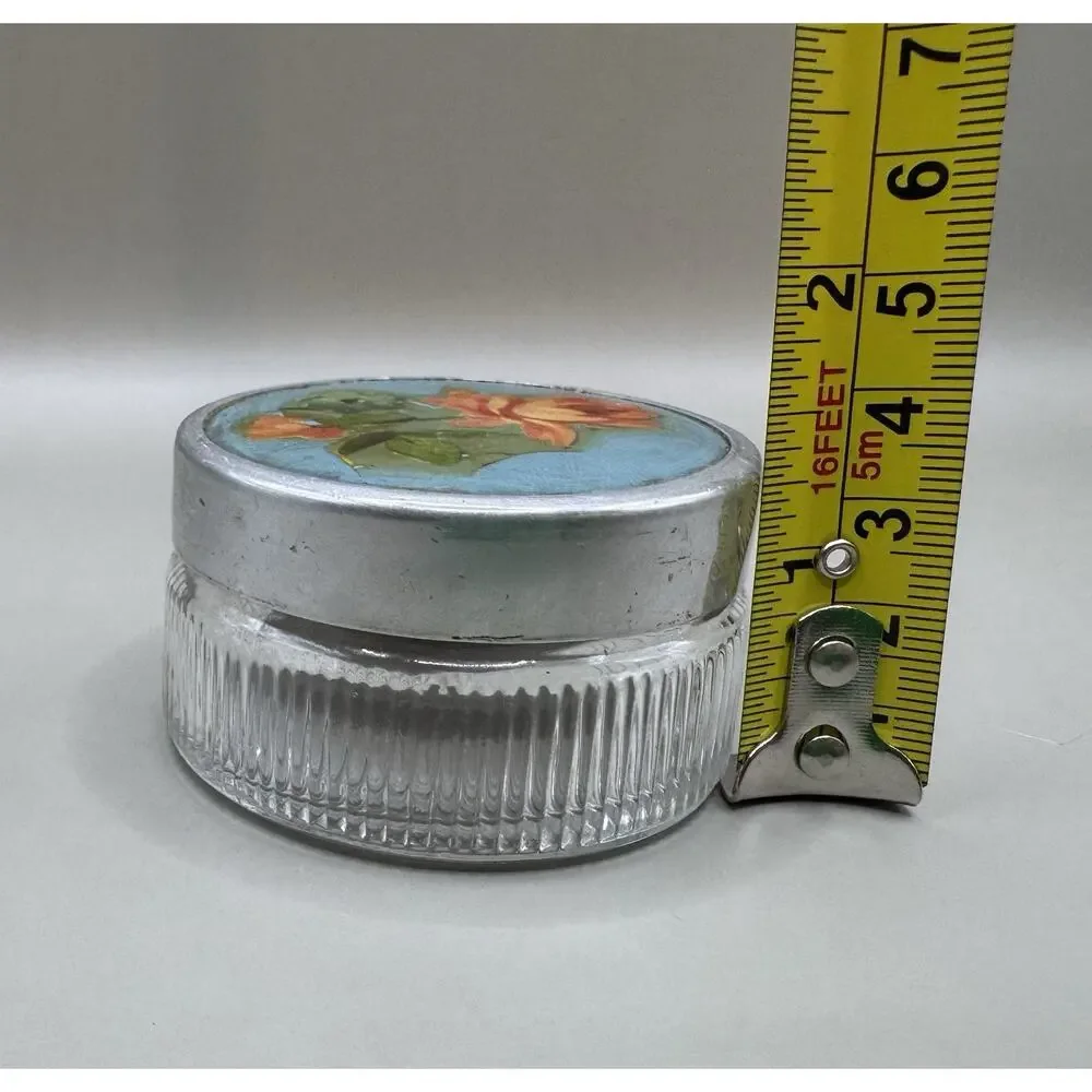Vintage Vanity Powder Jar Ribbed Glass w/ Floral Metal Lid 1930s-50s